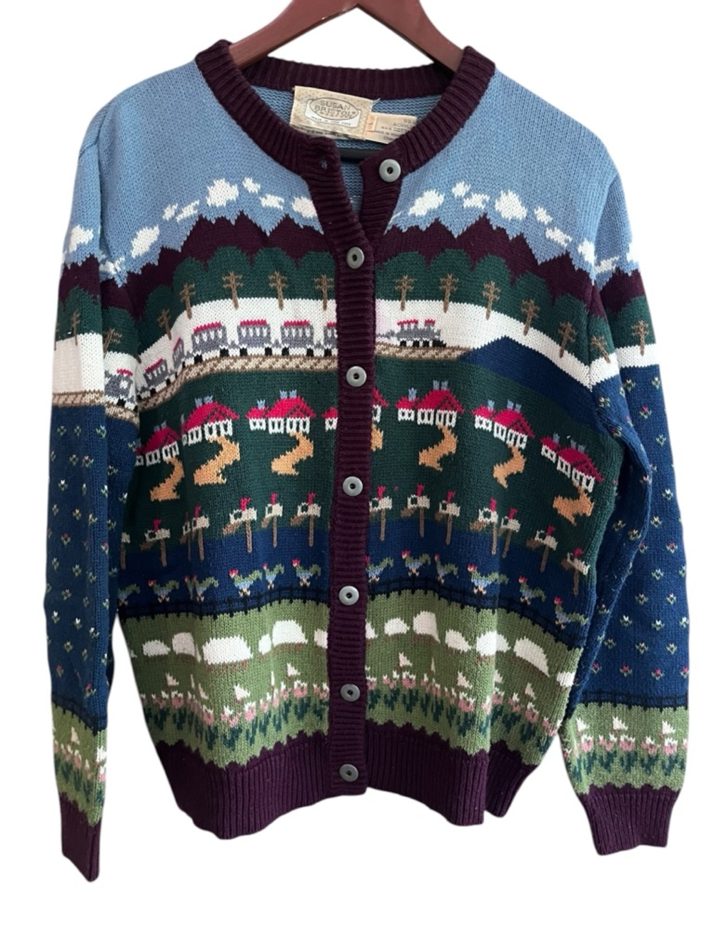 Vintage Susan Bristol Pastoral Scene Cardigan Sweater - Large